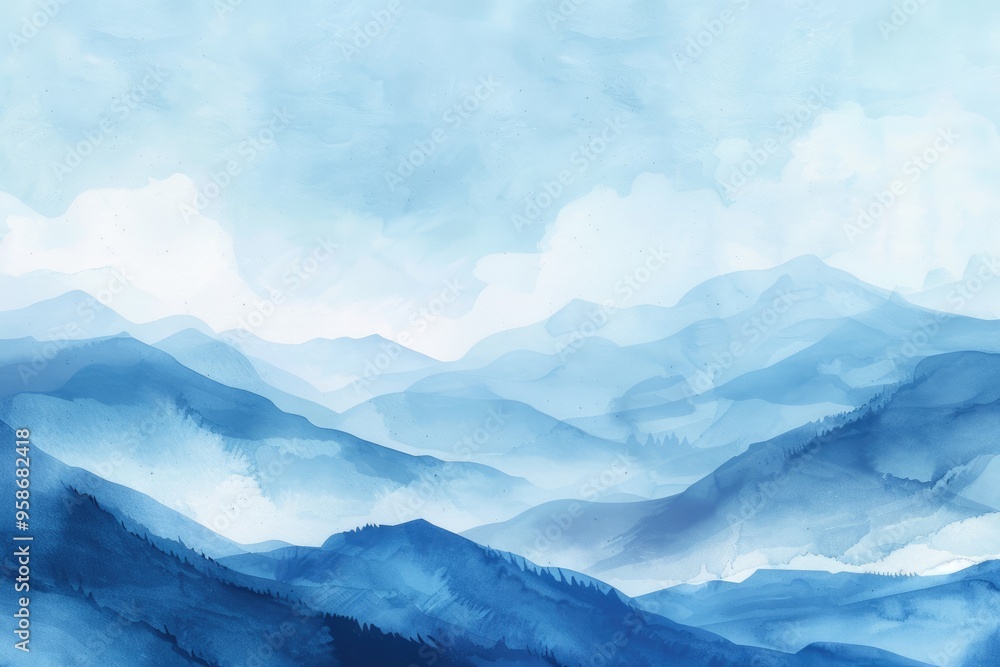 Obraz premium Hand-drawn Watercolor Mountain Landscape with Blue Sky and Copy Space