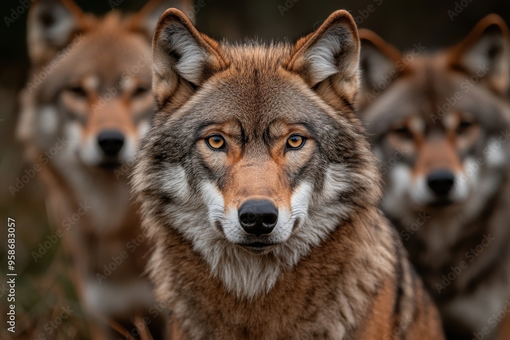 A striking image that showcases a wolf intensely staring into the camera, with two other wolves slightly blurred in the background, capturing the wild essence of these majestic creatures. A striking image that showcases a wolf intensely staring into the camera, with two other wolves slightly blurred in the background, capturing the wild essence of these majestic creatures.
