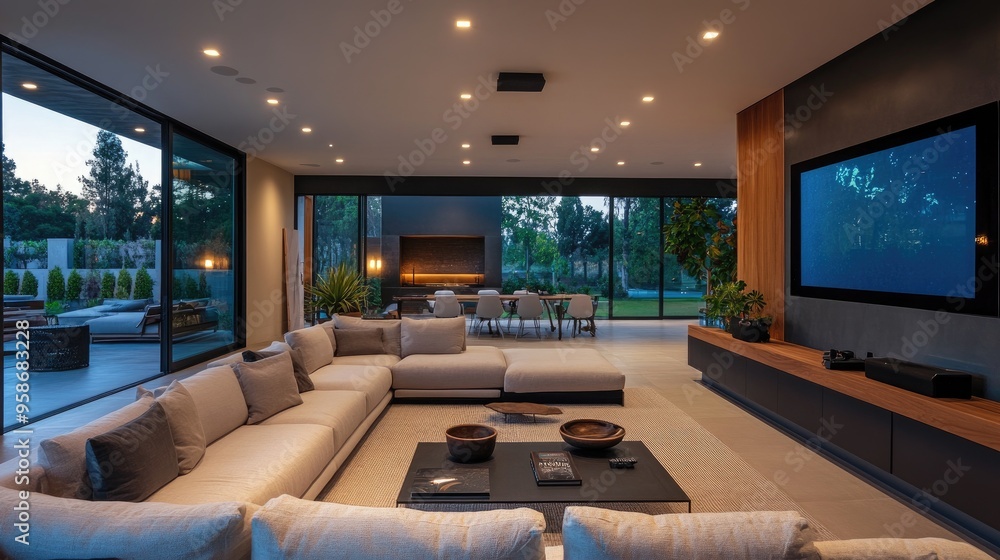 Expansive living room with a flexible modular sofa, state-of-the-art media wall, and warm recessed lighting, perfect for relaxation. Expansive living room with a flexible modular sofa, state-of-the-art media wall, and warm recessed lighting, perfect for relaxation.