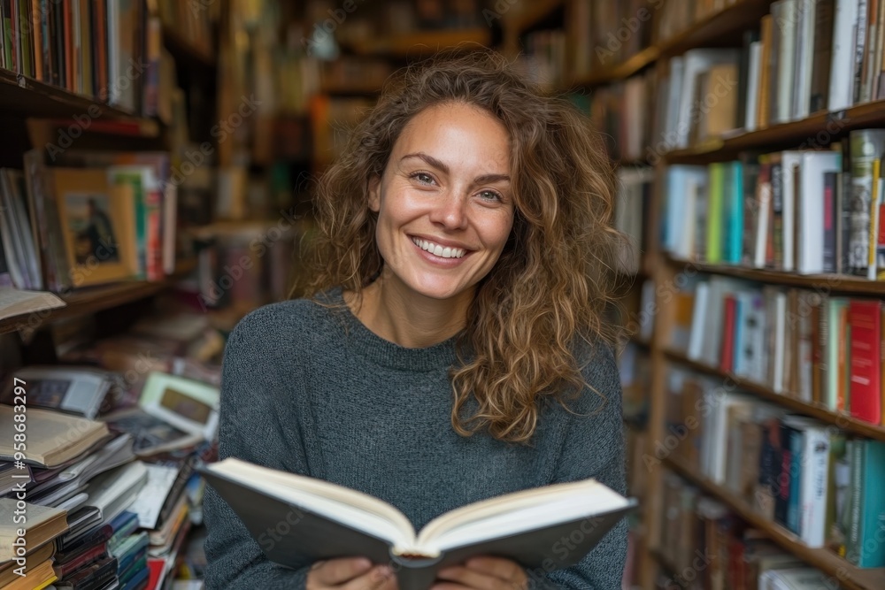 A young woman with curly hair is seen contentedly reading a book in a library full of books, showcasing a serene environment that promotes joy, knowledge, and peacefulness. A young woman with curly hair is seen contentedly reading a book in a library full of books, showcasing a serene environment that promotes joy, knowledge, and peacefulness.