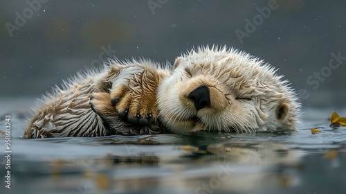 Adorable close-up of a young sea otter floating peacefully in the water, eyes closed as if sleeping. Ideal for wildlife photography, animal conservation, and nature-themed projects.