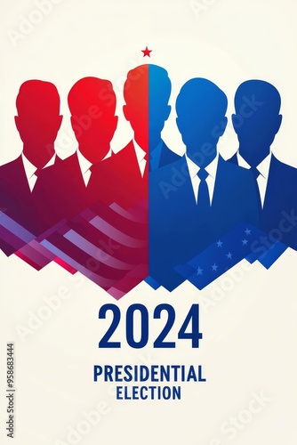 Election banner with candidates' silhouettes, USA flag theme, 3D illustration , Add text "2024 PRESIDENTIAL ELECTION", copy space for text,