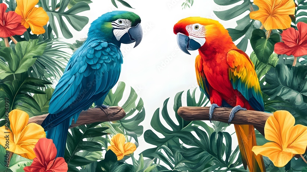 Beautiful blue and yellow macaw perched on a green branch, isolated against a white background. Beautiful blue and yellow macaw perched on a green branch, isolated against a white background.