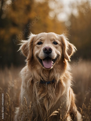 Smiling golden retriever on a clean, empty background, exuding joy and excitement.