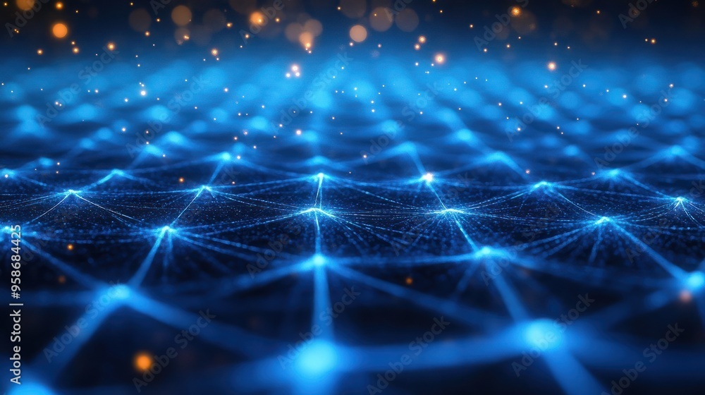 Obraz premium Blue abstract background with a network grid and particles connected.