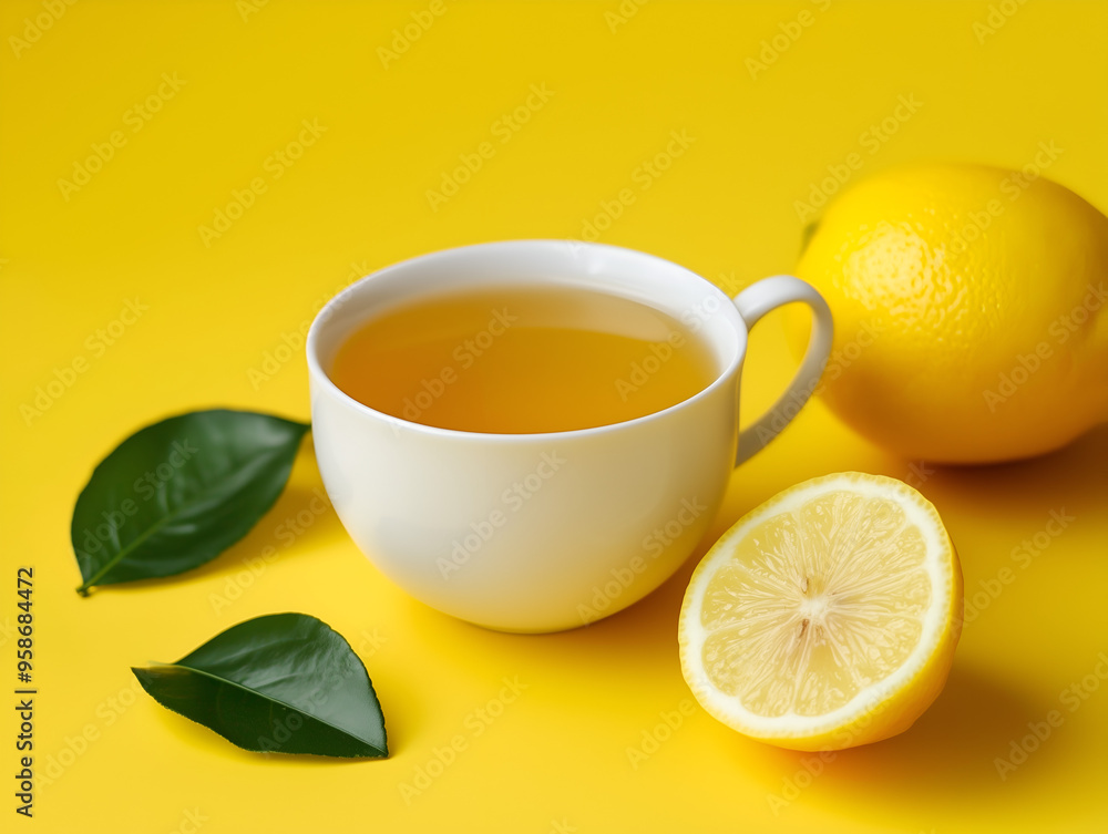 Lemon Tea Refreshment: A soothing cup of lemon tea awaits, promising a burst of citrusy flavor and warmth on a vibrant yellow backdrop. Lemon Tea Refreshment: A soothing cup of lemon tea awaits, promising a burst of citrusy flavor and warmth on a vibrant yellow backdrop.