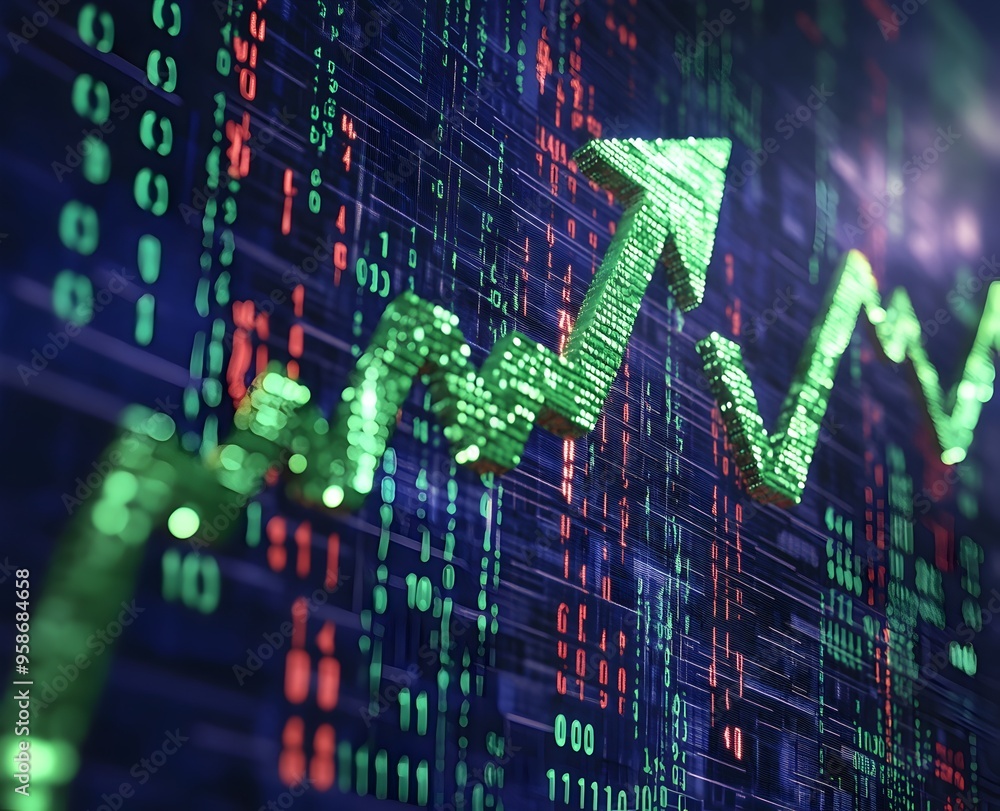 Upward Trending Green Arrow on Binary Market Graph Symbolizing Business Success Upward Trending Green Arrow on Binary Market Graph Symbolizing Business Success