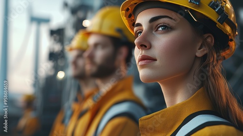 Female Construction Worker in Hard Hat Looking Up.