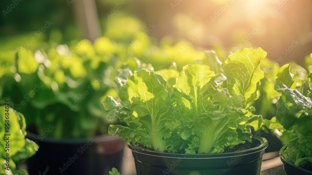 Fresh green lettuce thriving in pots under warm sunlight, with a blurred garden backdrop, showcasing vibrant organic cultivation. Fresh green lettuce thriving in pots under warm sunlight, with a blurred garden backdrop, showcasing vibrant organic cultivation.