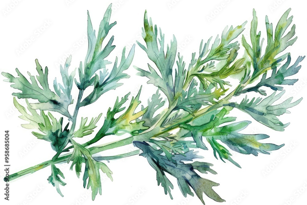 Naklejka premium Healing Essence. Natural Watercolor Illustration of Wormwood Plant with Medicinal Properties and Aromatic Flowers