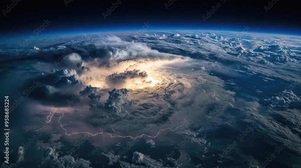 Aerial satellite view of a thunderstorm with dramatic cloud patterns and active lightning, highlighting the storm's intensity Aerial satellite view of a thunderstorm with dramatic cloud patterns and active lightning, highlighting the storm's intensity
