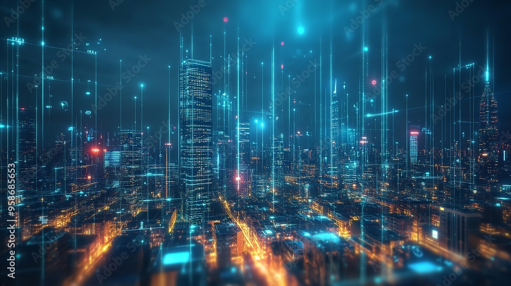 Smart City with Speed Lines and Glowing Light Trails Surrounding the Urban Landscape Smart City with Speed Lines and Glowing Light Trails Surrounding the Urban Landscape