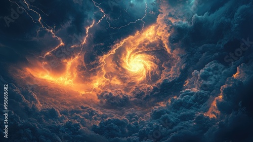 Fototapeta Naklejka Na Ścianę i Meble -  Aerial view from space of a powerful storm with swirling clouds and visible lightning, capturing the storm's dramatic scale and impact