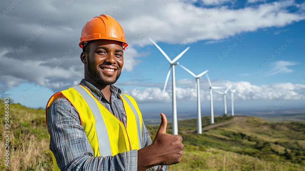 Wind Turbine Engineer Giving Thumbs Up. Wind Turbine Engineer Giving Thumbs Up.