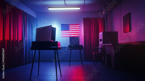 Empty American Polling Station with Voting Machines and US Flag  Red and Blue Lighting
