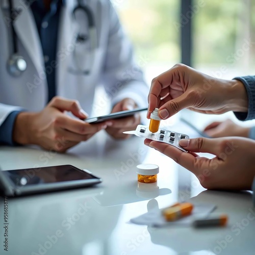 Person taking pills. A close-up view of a patient's hands as they receive medication. Visiting a doctor, healthcare. Prescribing pills, tablets in blister and bottle. Doctor check up