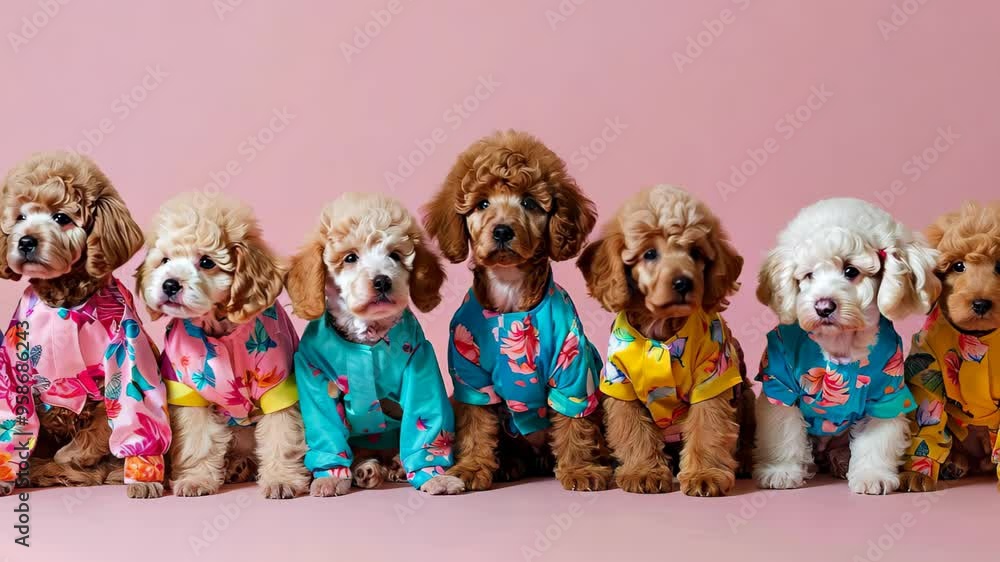A charming group of seven playful puppies in colorful floral outfits sits in a lined formation against a soft pink backdrop, radiating joy and cuteness. Ideal for pet-related projects. A charming group of seven playful puppies in colorful floral outfits sits in a lined formation against a soft pink backdrop, radiating joy and cuteness. Ideal for pet-related projects.