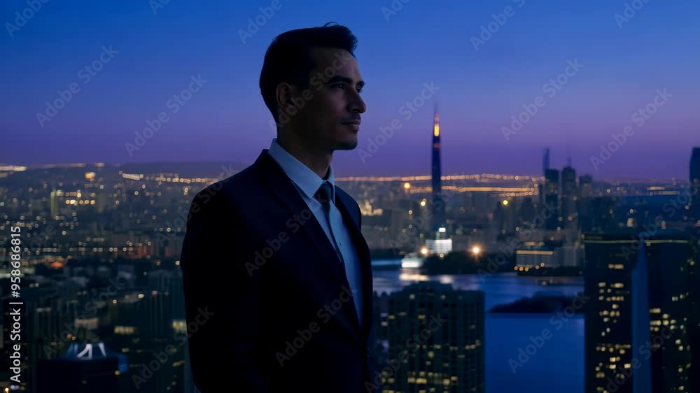 Businessman overlooking city skyline during sunset in a high rise office setting, 4k video Businessman overlooking city skyline during sunset in a high rise office setting, 4k video