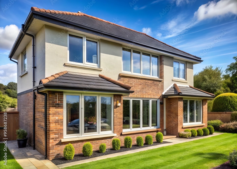 Modern and energy-efficient UPVC windows with sleek frames and double glazing installed in a newly constructed home, Modern and energy-efficient UPVC windows with sleek frames and double glazing installed in a newly constructed home,