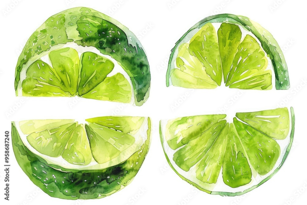 Obraz premium Juicy Lime Slices. Watercolor Illustration of Fresh Ripe Lime Fruits for Health and Refreshing Summer Cocktails