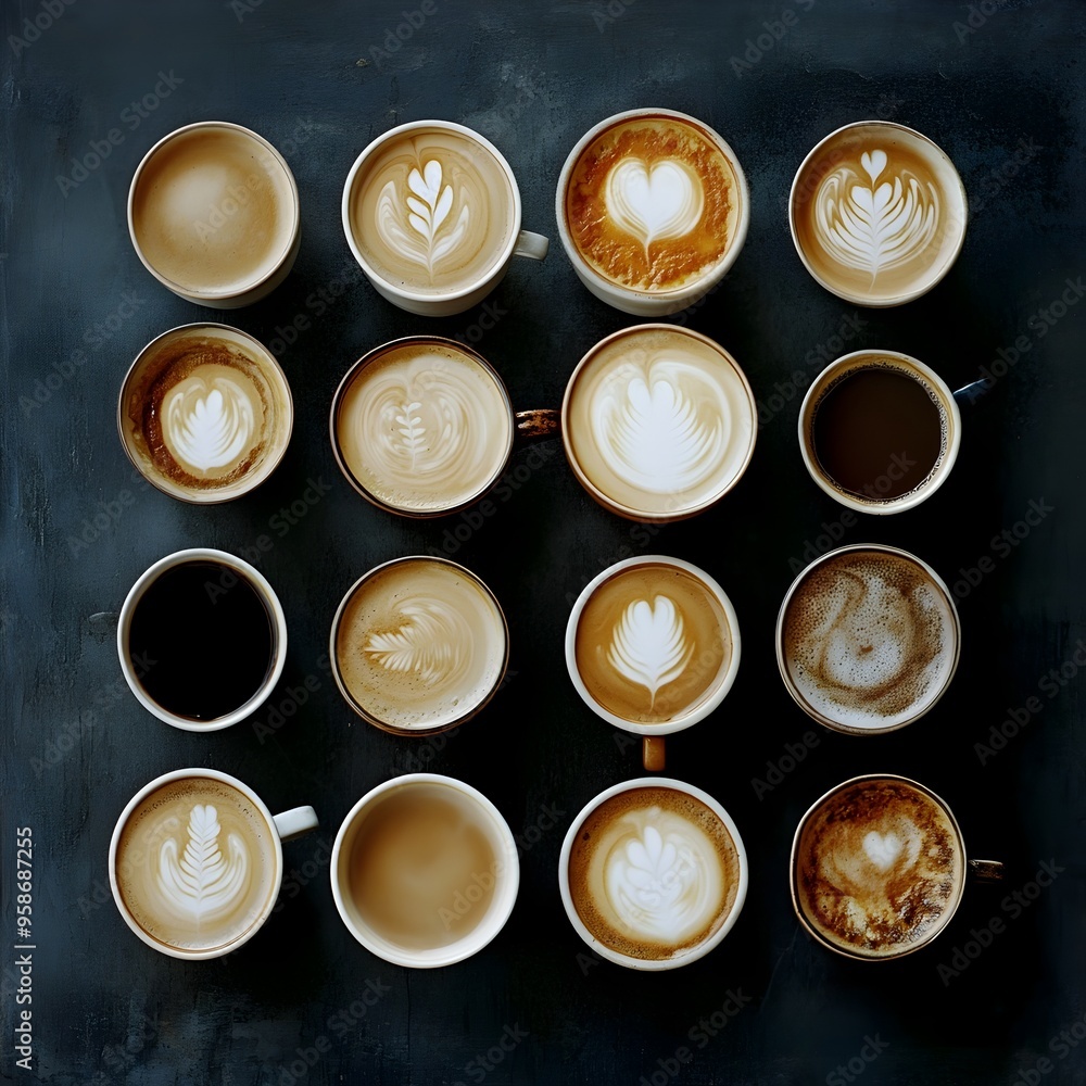 Artfully Arranged Assortment of Coffee Cups with Varying Styles and Brews Against Textured Dark Background Artfully Arranged Assortment of Coffee Cups with Varying Styles and Brews Against Textured Dark Background