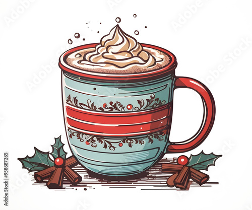 A festive mug of hot chocolate with whipped cream, decorated with holly and berries.
