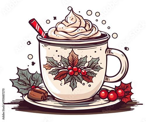 A festive mug of hot chocolate with whipped cream, decorated with holly and berries.
