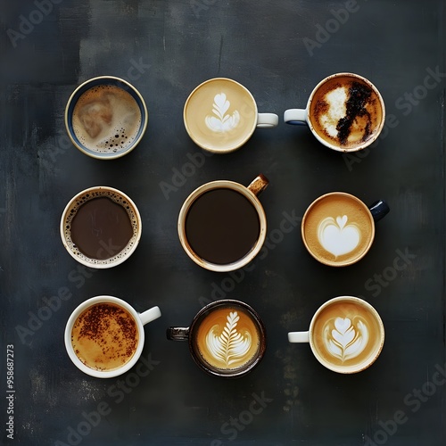Exquisite Assortment of Artfully Crafted Coffee Cups Against a Dramatic Dark Background