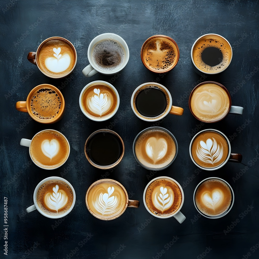 Artful Arrangement of Diverse Coffee Cups with Captivating Latte Art and Crema Textures Artful Arrangement of Diverse Coffee Cups with Captivating Latte Art and Crema Textures