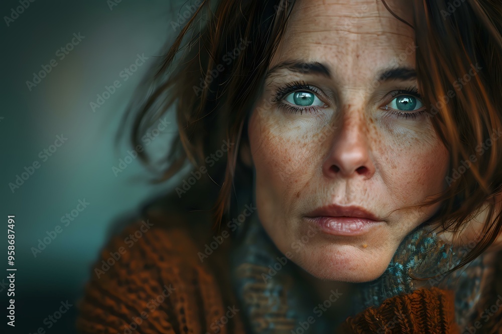 close-up portrait of a woman with intense, captivating blue eyes, wearing a cozy brown sweater. The soft, natural lighting enhances the emotional depth of the image close-up portrait of a woman with intense, captivating blue eyes, wearing a cozy brown sweater. The soft, natural lighting enhances the emotional depth of the image