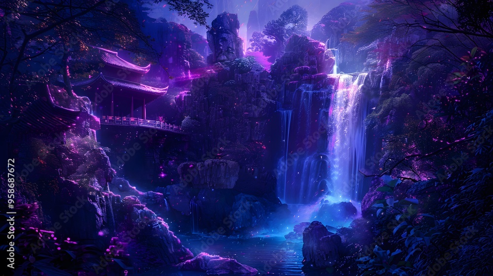 A mystical waterfall cascades beside traditional Asian architecture, nestled among towering cliffs under a twilight sky. The serene scene blends nature and culture, evoking a sense of tranquility and A mystical waterfall cascades beside traditional Asian architecture, nestled among towering cliffs under a twilight sky. The serene scene blends nature and culture, evoking a sense of tranquility and