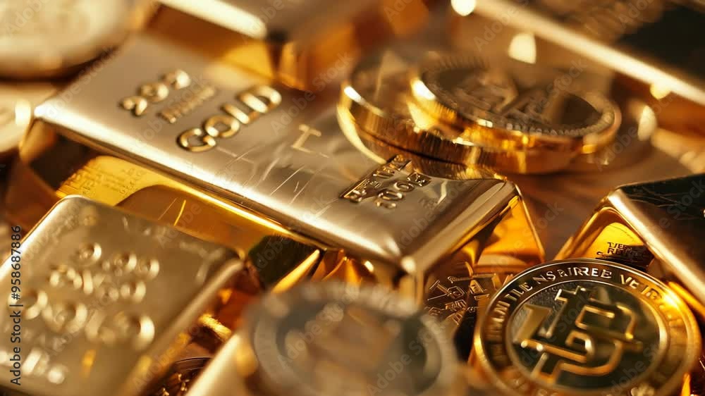 A striking close-up of gleaming gold bars marked A striking close-up of gleaming gold bars marked