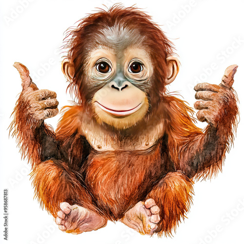 Beautiful Orangutan Watercolor Clipart, Ape Colored Design for Your Corporate and Business Graphic Resource or Creative Project, Ai Generative photo