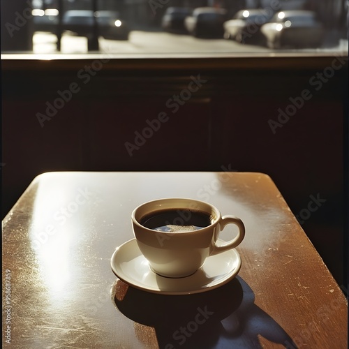 Artfully Crafted Coffee Cup Resting on Rustic Wooden Surface