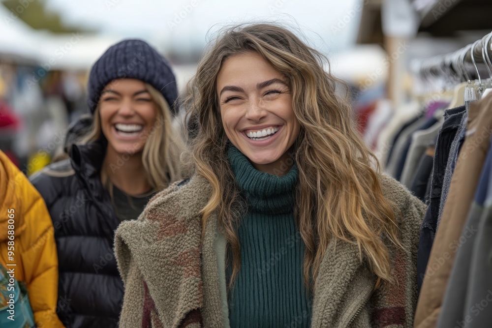 Two women, one in a green turtleneck with a bushy coat, are smiling happily in an outdoor clothing market, showcasing fashion and camaraderie on a cheerful shopping day. Two women, one in a green turtleneck with a bushy coat, are smiling happily in an outdoor clothing market, showcasing fashion and camaraderie on a cheerful shopping day.