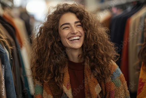 Wallpaper Mural A woman with voluminous curly hair and a wide smile stands in a colorful clothing store, enveloped in racks of vibrant clothing, depicting joy and style. Torontodigital.ca