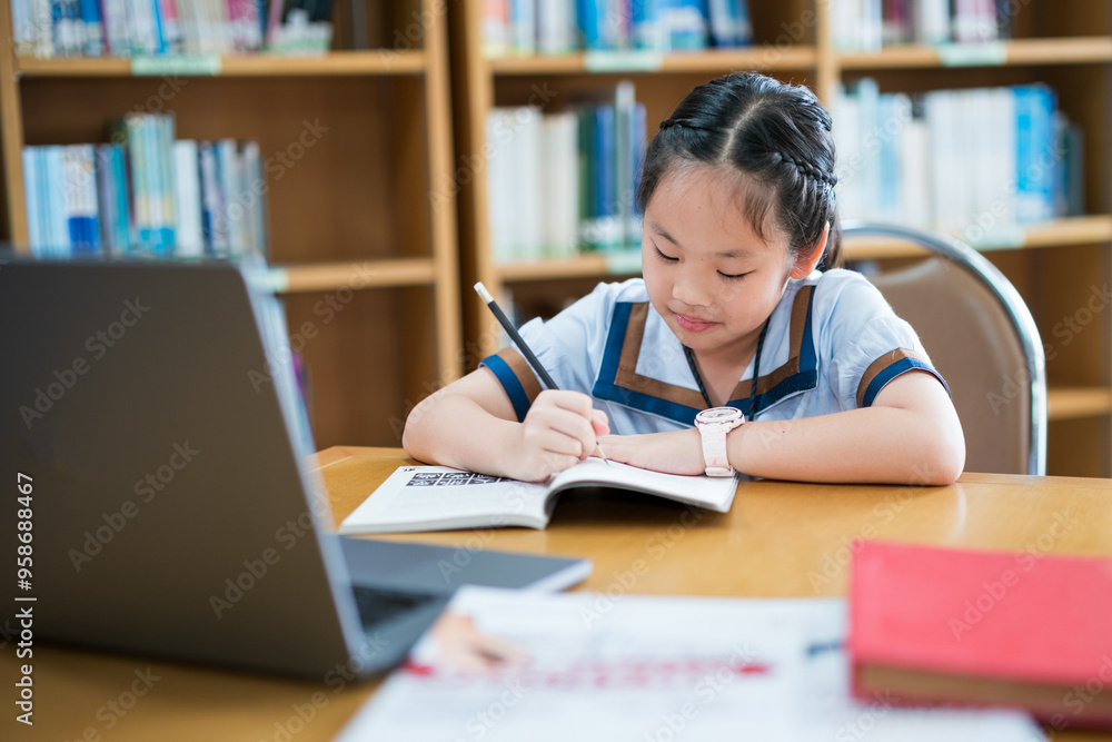 Young girl in a school uniform studying alone at a desk, writing in a notebook while referencing a laptop, smiling and focused, surrounded by bookshelves, capturing a moment of independent learning Young girl in a school uniform studying alone at a desk, writing in a notebook while referencing a laptop, smiling and focused, surrounded by bookshelves, capturing a moment of independent learning