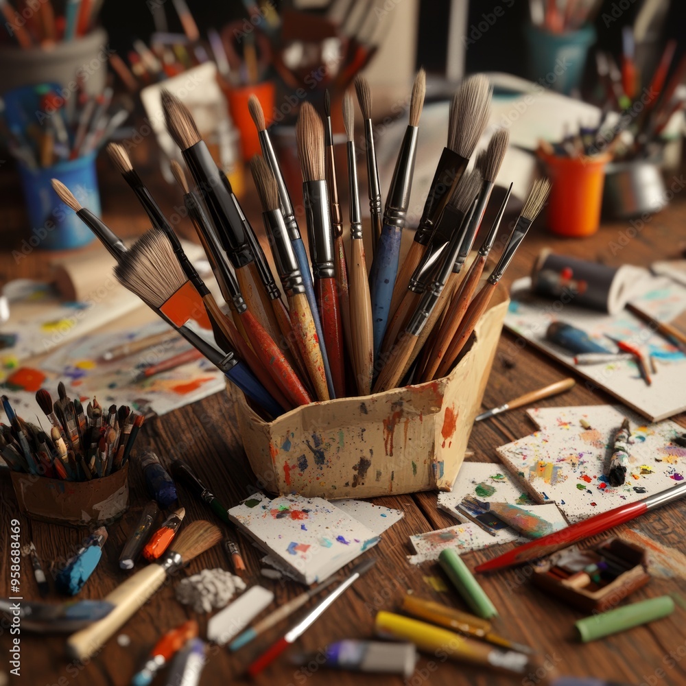 Fototapeta premium 7. Handmade art brushes and school tools, scattered on a creative workspace, 3D illustration