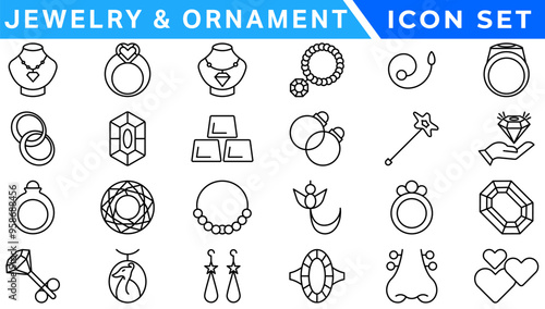 Jewelry line icon set. Included icons as gems, gemstones, jewel, accessories, ring and more.