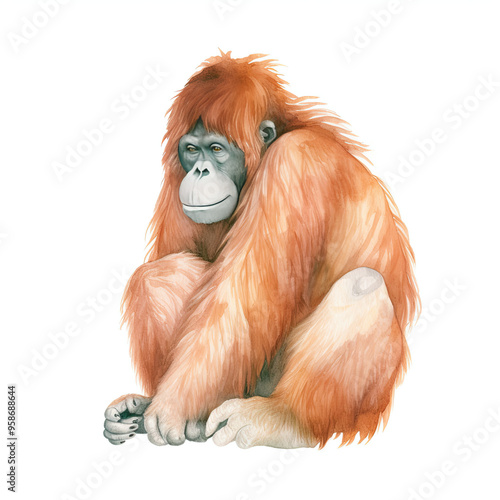 Beautiful Orangutan Watercolor Clipart, Ape Colored Design for Your Corporate and Business Graphic Resource or Creative Project, Ai Generative photo