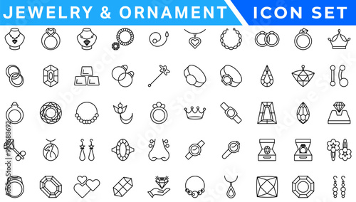 Jewelry line icon set. Included icons as gems, gemstones, jewel, accessories, ring and more.