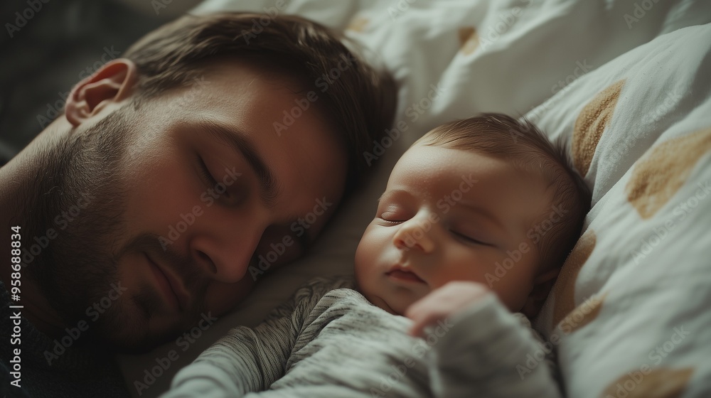 Dad sleeps with newborn baby. Father's role in raising a child, caring for a newborn. Father and child, father's day. Dad sleeps with newborn baby. Father's role in raising a child, caring for a newborn. Father and child, father's day.