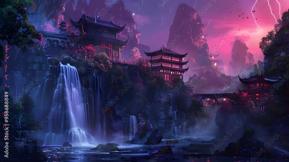 A mystical waterfall cascades beside traditional Asian architecture, nestled among towering cliffs under a twilight sky. The serene scene blends nature and culture, evoking a sense of tranquility and A mystical waterfall cascades beside traditional Asian architecture, nestled among towering cliffs under a twilight sky. The serene scene blends nature and culture, evoking a sense of tranquility and