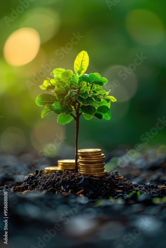 Sapling Growing from  Coins - Symbolizing Economic Growth and Investment Success