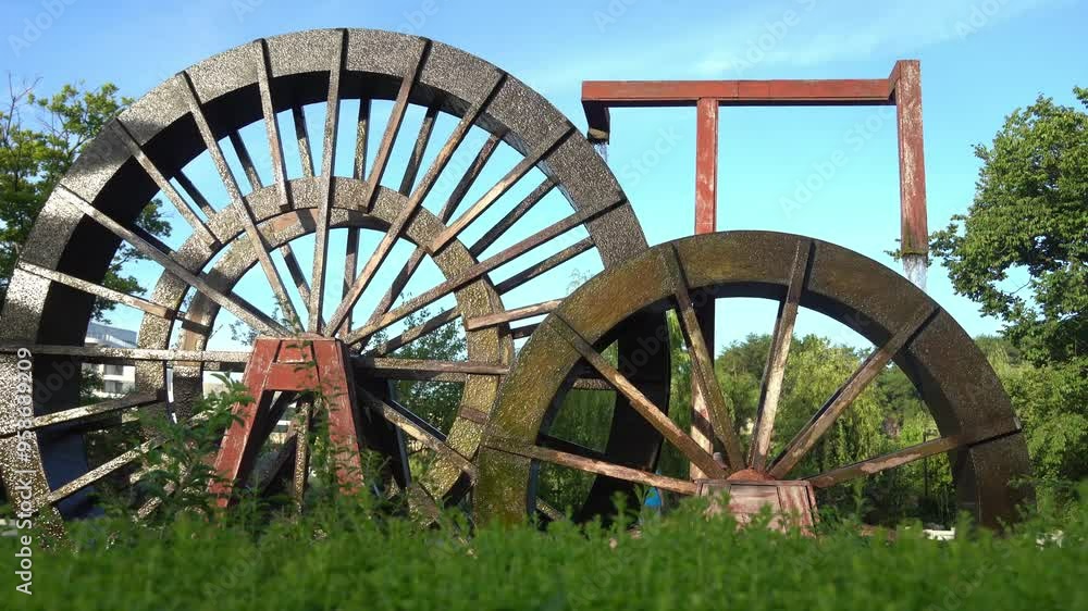 ancient wooden wheel irrigation equipment in park ancient wooden wheel irrigation equipment in park
