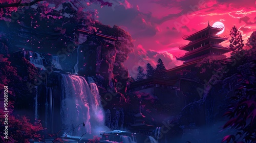 A mystical waterfall cascades beside traditional Asian architecture, nestled among towering cliffs under a twilight sky. The serene scene blends nature and culture, evoking a sense of tranquility and 