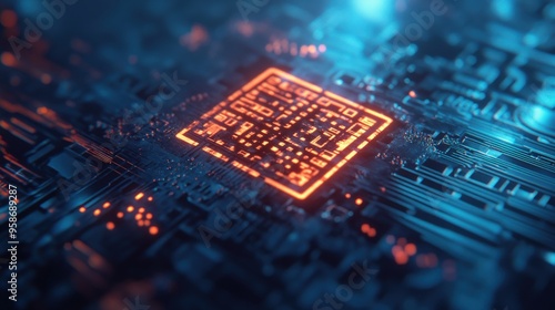 A QR code gleams with a metallic appearance, surrounded by intricate circuit patterns in blue and orange light, showcasing advanced technology and design