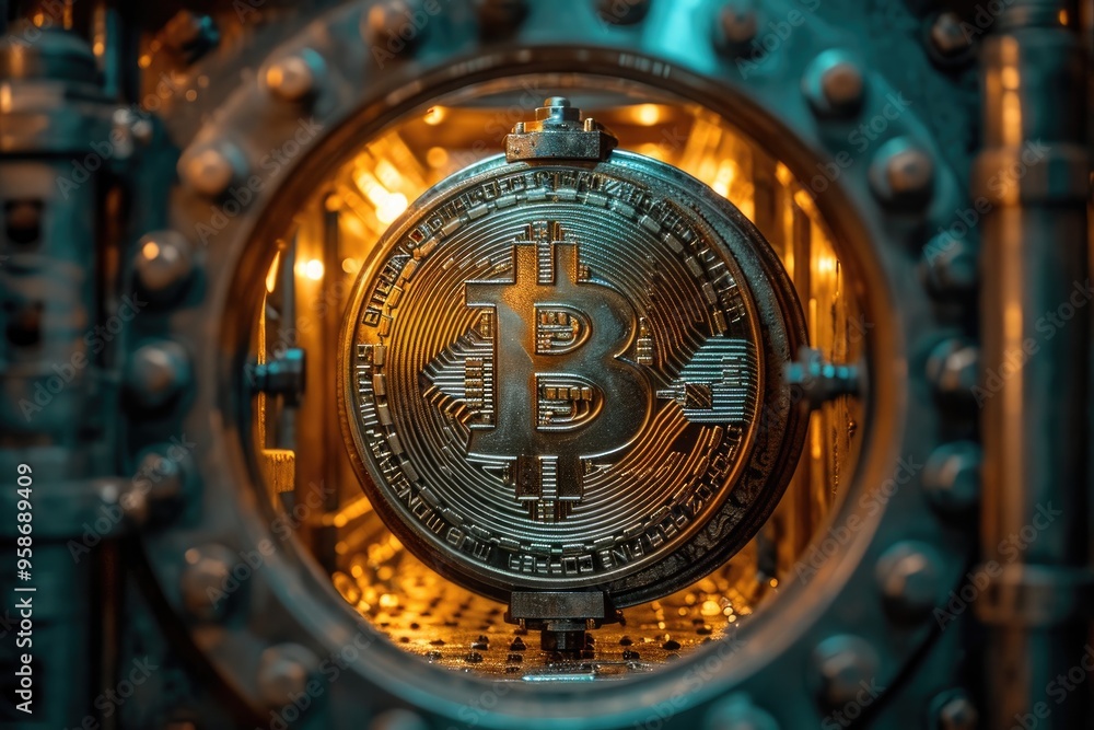 Fototapeta premium A conceptual photo of a cryptocurrency coin breaking through a traditional bank vault door, representing the disruption of digital currency in finance
