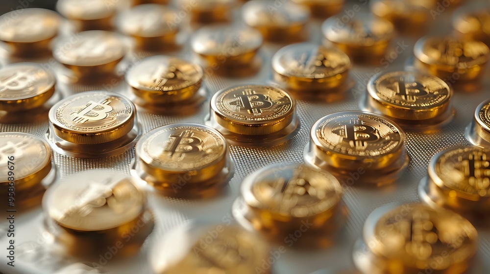 close-up image of gold coins with cryptocurrency symbols encased in a blister pack, mimicking the appearance of medication packaging. Perfect for representing the concept of digital currency, close-up image of gold coins with cryptocurrency symbols encased in a blister pack, mimicking the appearance of medication packaging. Perfect for representing the concept of digital currency,