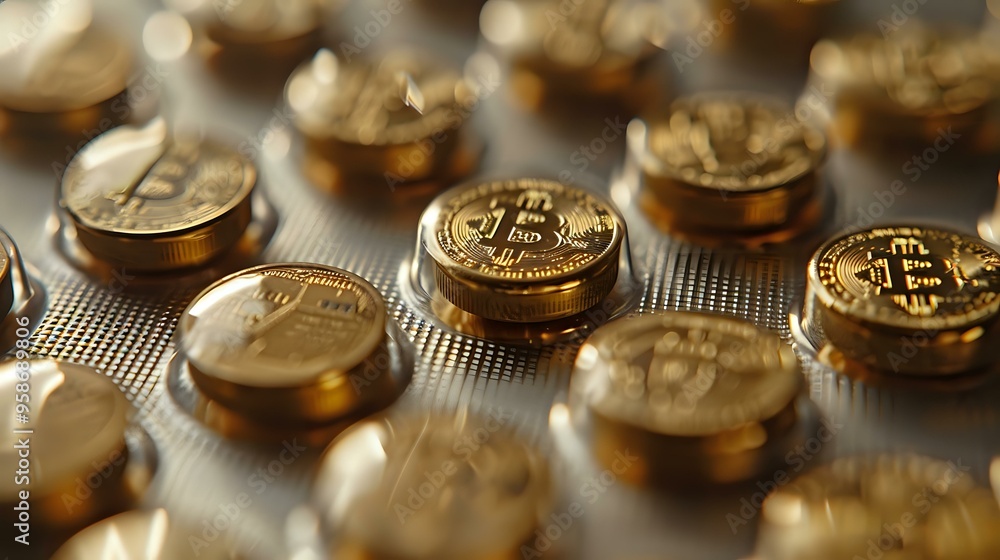 close-up of gold coins with cryptocurrency symbols encased in a blister pack, resembling medication packaging. Ideal for cryptocurrency concepts, financial marketing, or futuristic economic close-up of gold coins with cryptocurrency symbols encased in a blister pack, resembling medication packaging. Ideal for cryptocurrency concepts, financial marketing, or futuristic economic